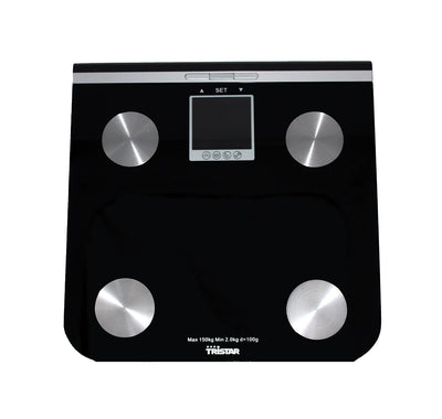 Tristar WG-2424 Personenwaage, Körperfett, Wasseranteil, Muskel- u. Knochenmasse, Glas schwarz bis 150kg