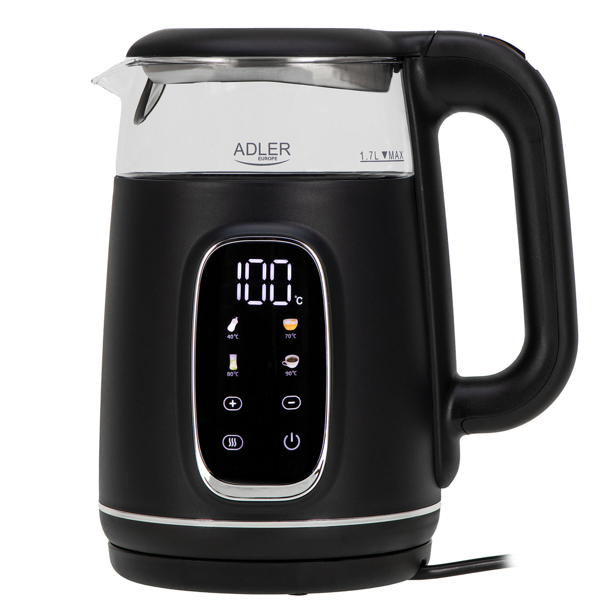 Adler AD 1305bs Wasserkocher Glas, LED-Anzeige, Temperaturreglung, 1,7L schwarz/silber 2200W