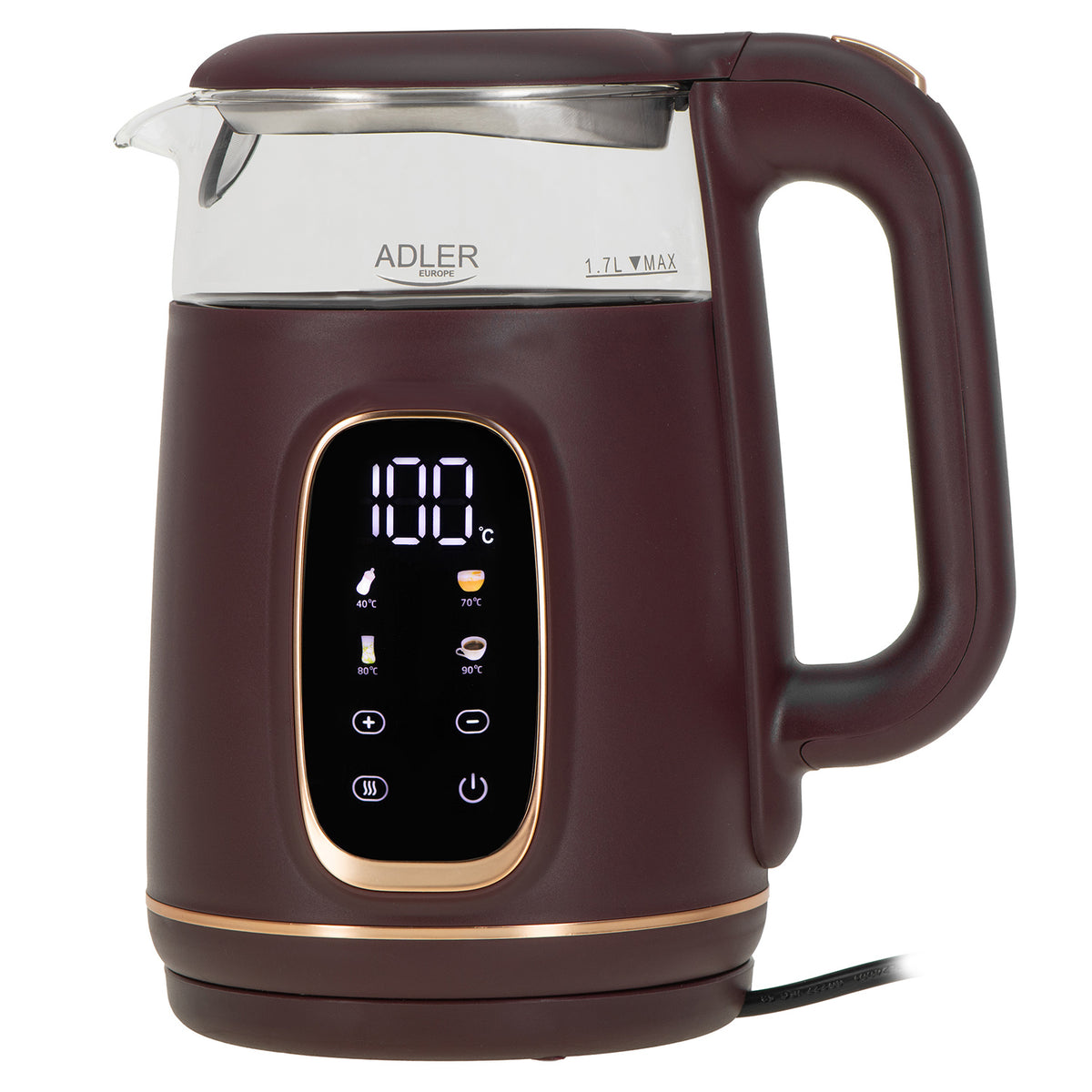 Adler AD 1305bu Wasserkocher Glas, LED-Anzeige, Temperaturreglung, 1,7L burgund/gold 2200W