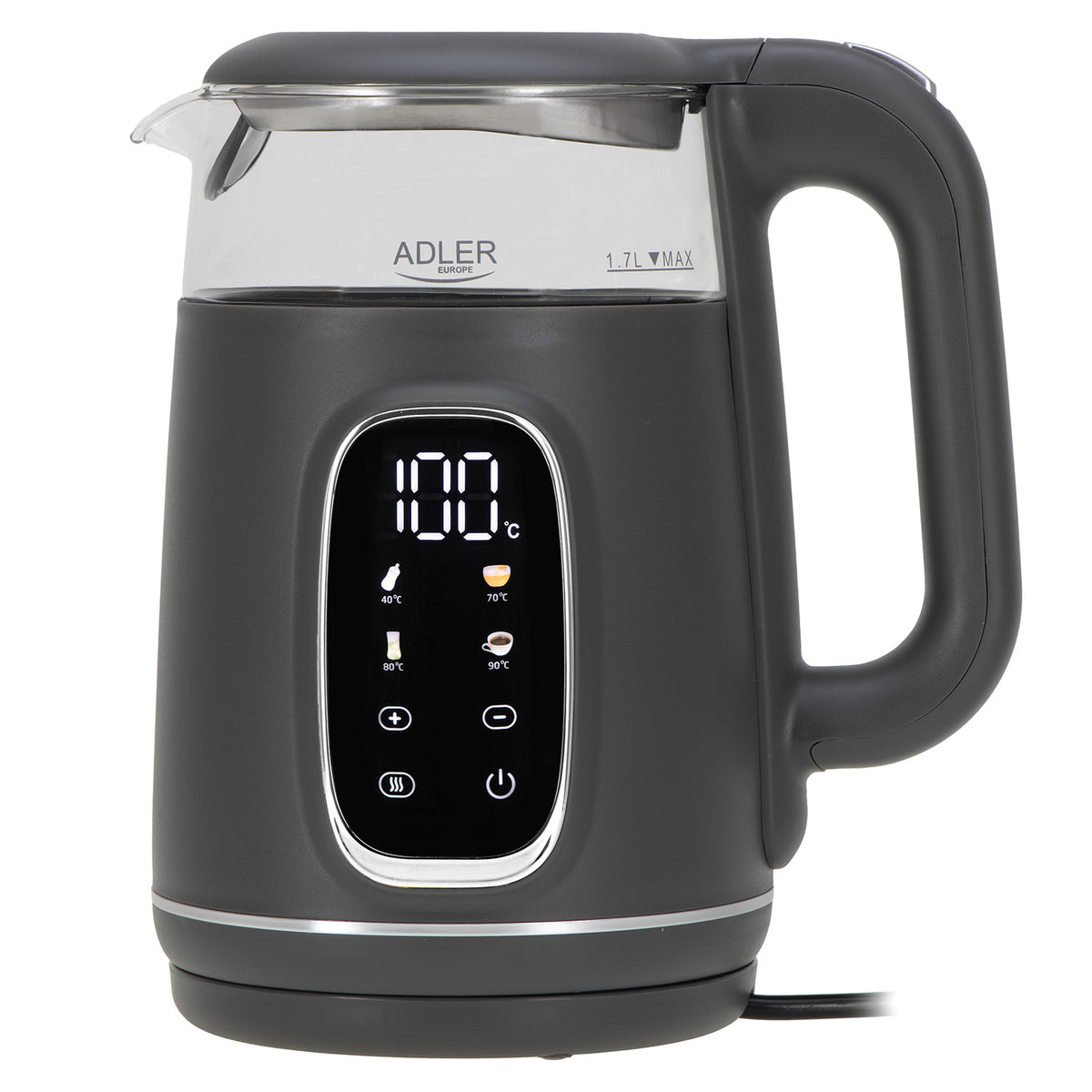 Adler AD 1305gs Wasserkocher Glas, LED-Anzeige, Temperaturreglung, 1,7L grau/silber 2200W
