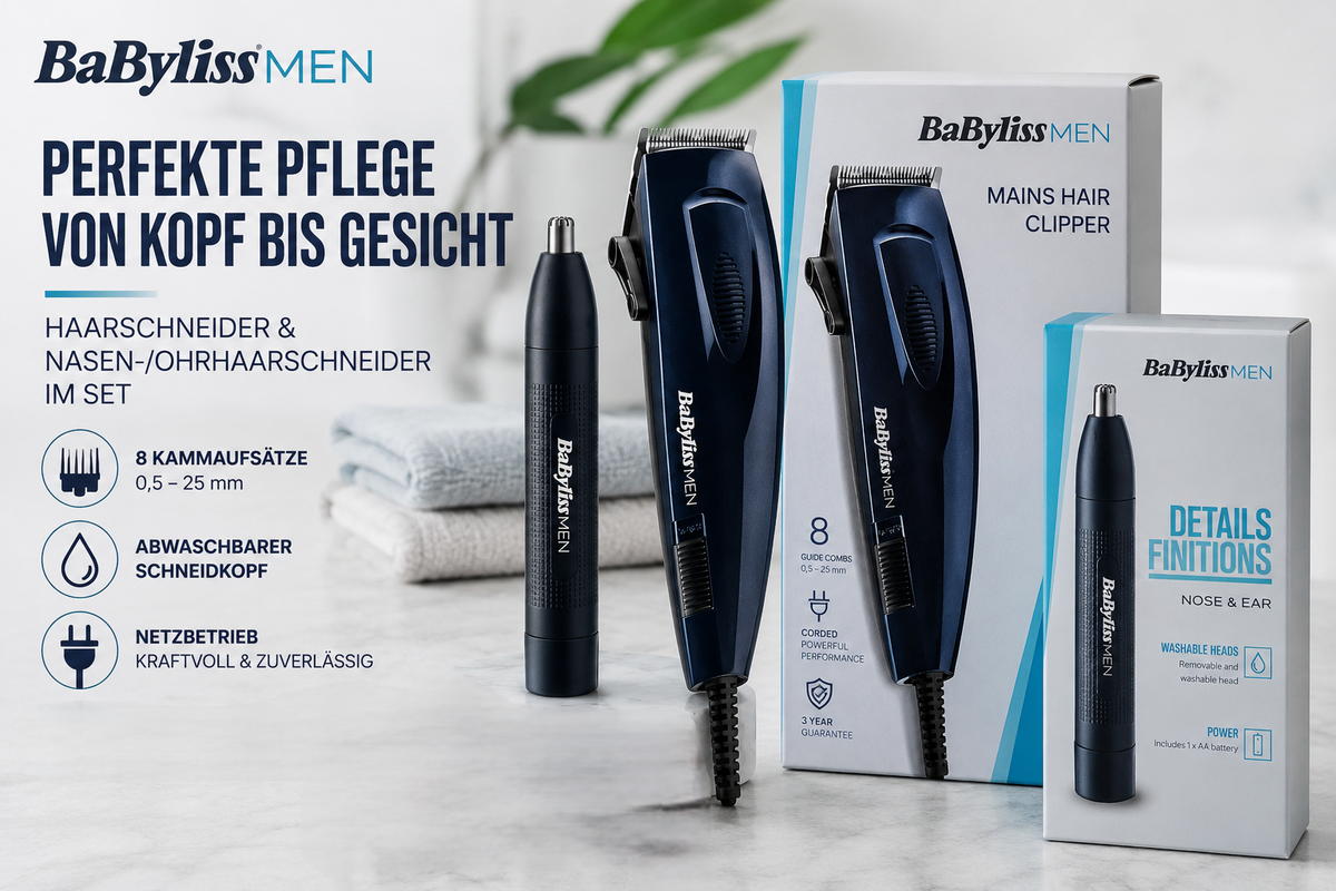 BaByliss E695E Haarschneider Set mit Netzbetrieb + BaByliss E650E Nasen-/Ohrtrimmer