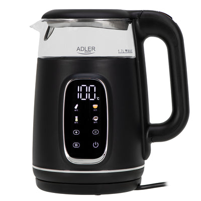 Adler AD 1305bs Wasserkocher Glas, LED-Anzeige, Temperaturreglung, 1,7L schwarz/silber 2200W