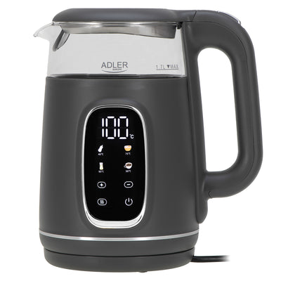 Adler AD 1305gs Wasserkocher Glas, LED-Anzeige, Temperaturreglung, 1,7L grau/silber 2200W