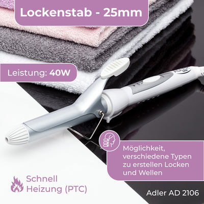 Adler AD 2106 Lockenstab D 25mm, Keramikbeschichtung, weiß/silber 40W