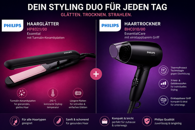 Philips Haarglätter HP8321/00 + Föhn BHC010/00 kompakt Set Turmalin Keramik